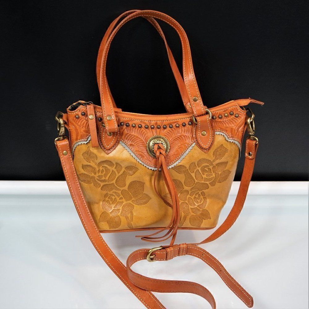 American West Texas Rose Crossbody Tote Western Tooled Leather Cowgirl Handbag